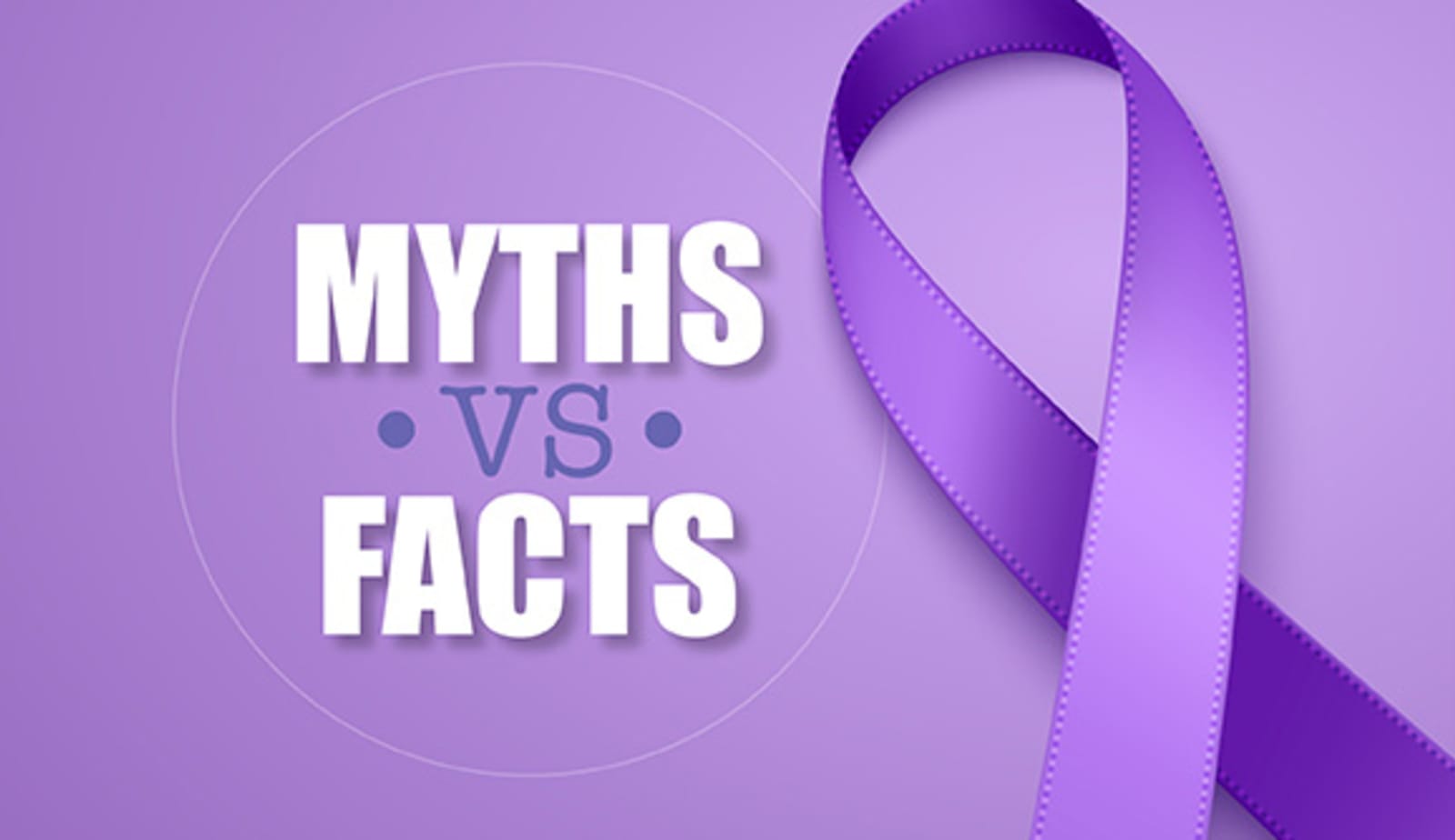 image of "myths vs facts" text with purple pancreatic cancer ribbon