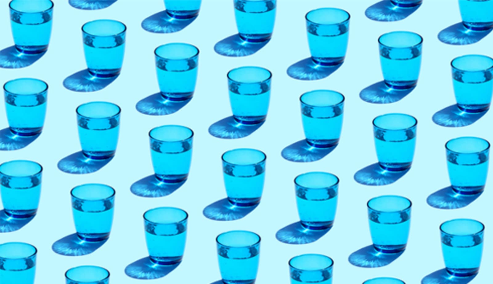 Blue cups with water in repeating pattern on a blue background.