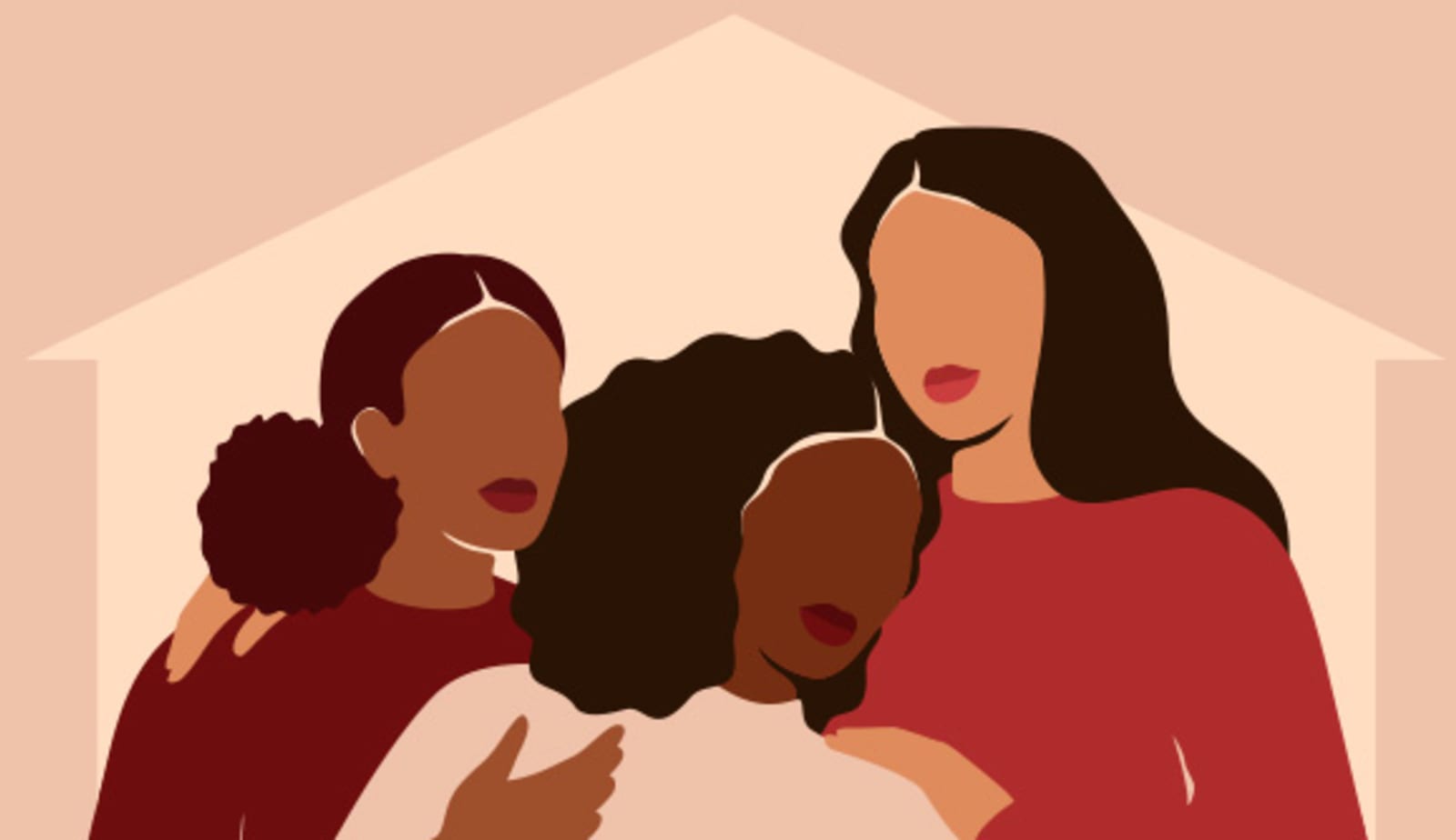 Three women are leaning on one another under the shadow image of a house roof top.