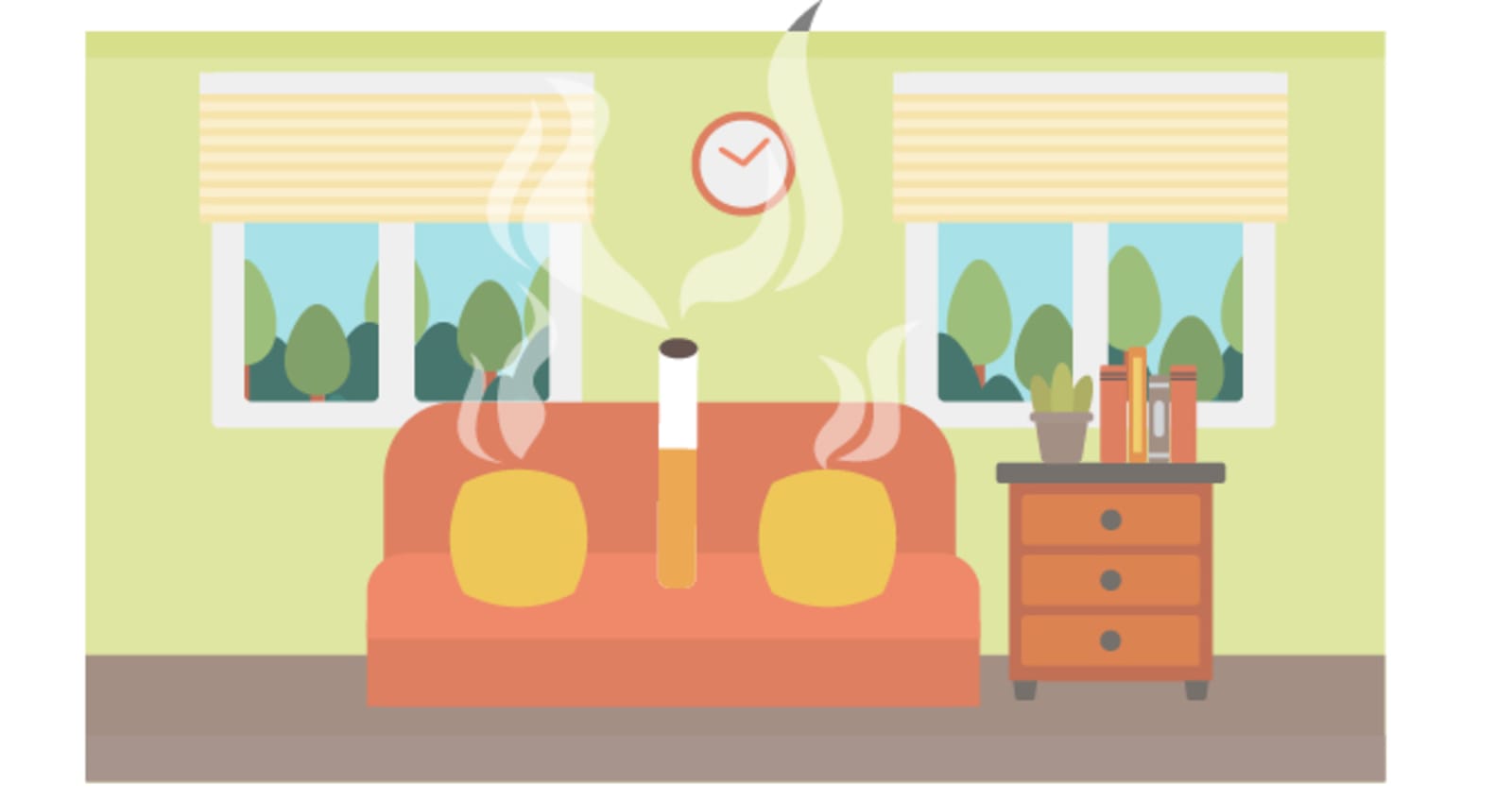 cartoon image of a smoking cigarette butt sitting on a couch in a living room