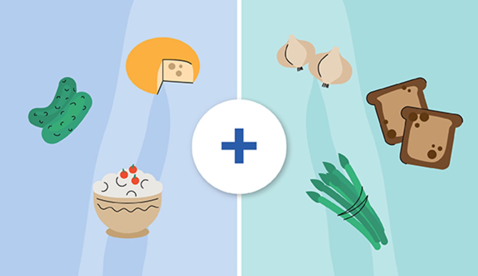 illustration of different foods: sour cream, pickles, cheese, garlic, toast and asparagus