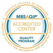 teal and orange MBSAQIP seal that says "American College of Surgeons - American society for metabolic and bariatric surgery - MBSAQIP - Accredited Center - Quality Program"