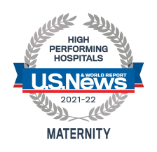 Logo for U.S. News and World Report High Performing Hospitals 2021-22 for Maternity