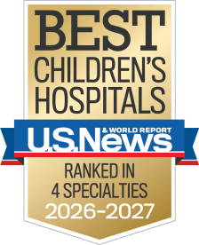 Gold, blue and red colored award badge reading "BEST CHILDREN'S HOSPITALS, U.S. News and World Report, Ranked in 4 Specialties"