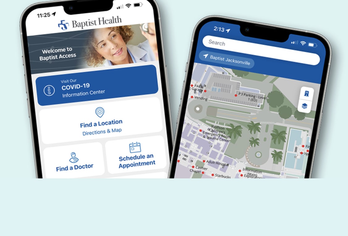 iPhone displaying the home screen and map of the baptist access app