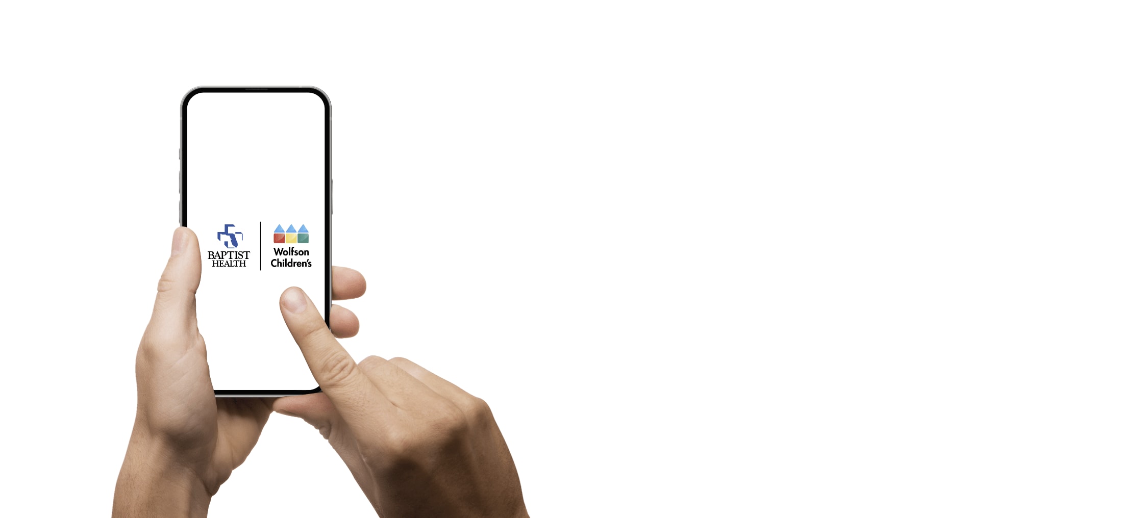 two hands holding a smart phone with the Baptist Health and Wolfson Children's logos on the screen.
