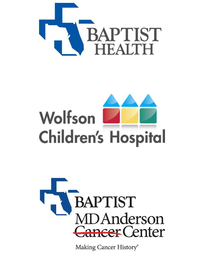 logos for three baptist brands Baptist Health, Wolfson Children's Hospital and Baptist MD Anderson Cancer Center