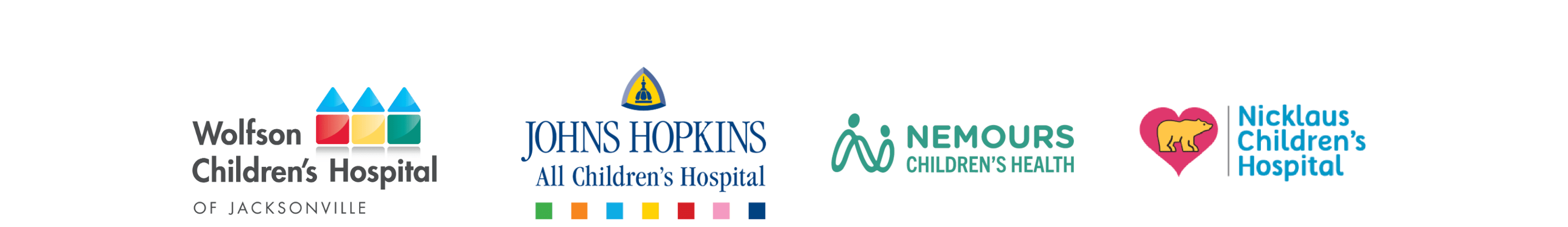 logos of the Florida's Specialty Hospitals for Children -- Johns Hopkins, Nemours, Nicklaus Children's and Wolfson Childrens.