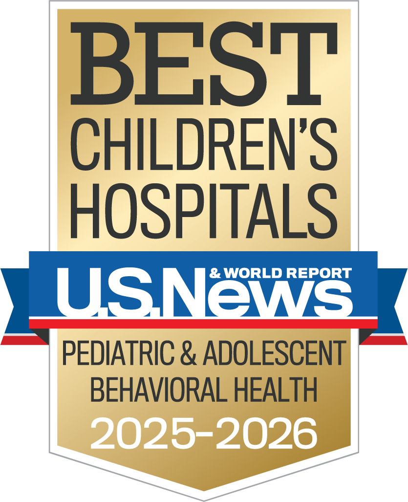Gold, blue and red colored award badge reading "BEST CHILDREN'S HOSPITALS, U.S. News and World Report, Pediatric & Adolescent Behavioral Health"