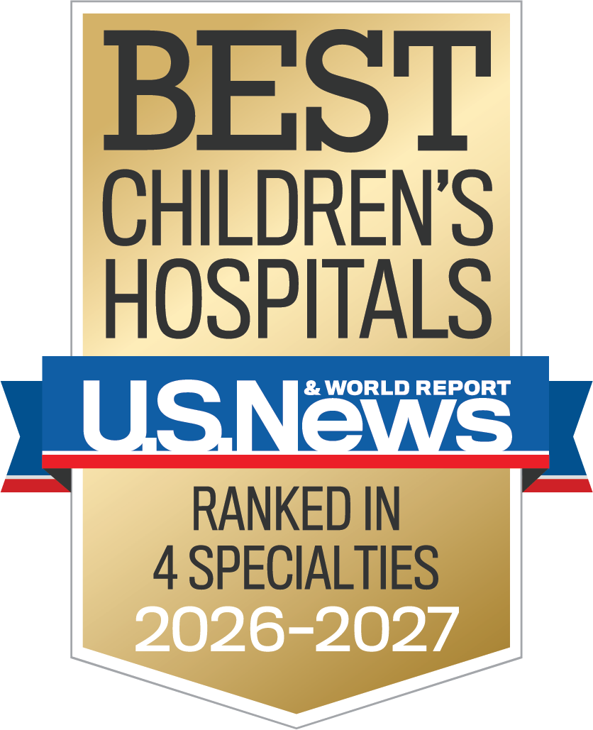 Gold, blue and red colored award badge reading "BEST CHILDREN'S HOSPITALS, U.S. News and World Report, Ranked in 4 Specialties"